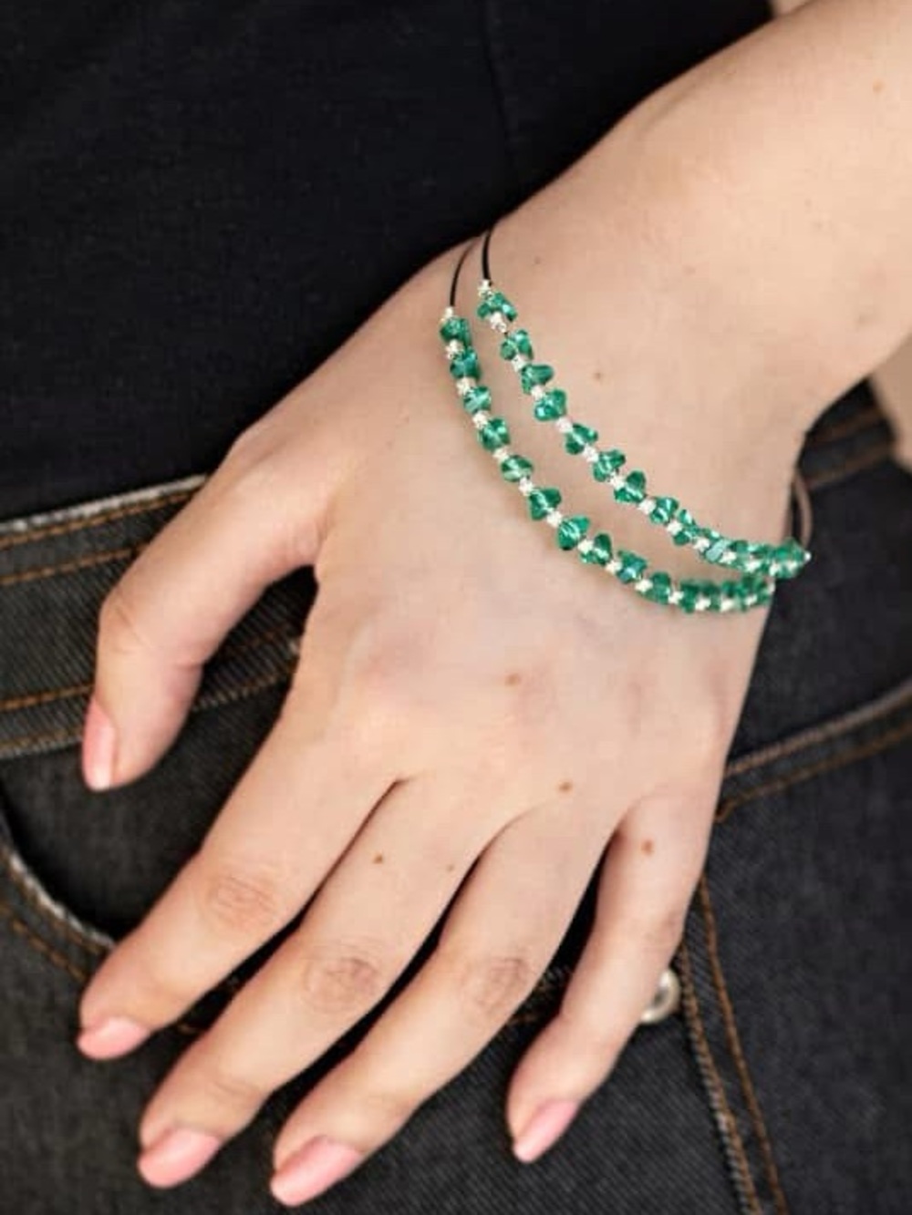 Green crystal rhinestone wire bracelet